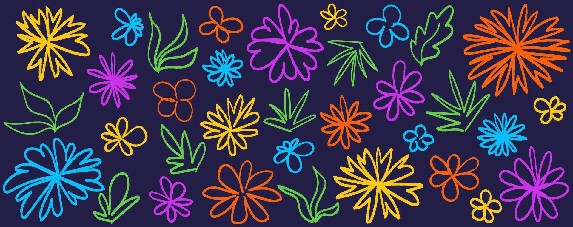 Collection of hand drawn graphic flower and leaves. Floral clip art elements. Crayon or charcoal graphic elements vector