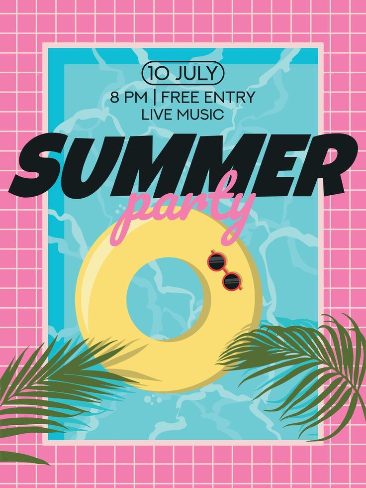 Summer party poster with swimming pool, ring, glasses and leaf vector