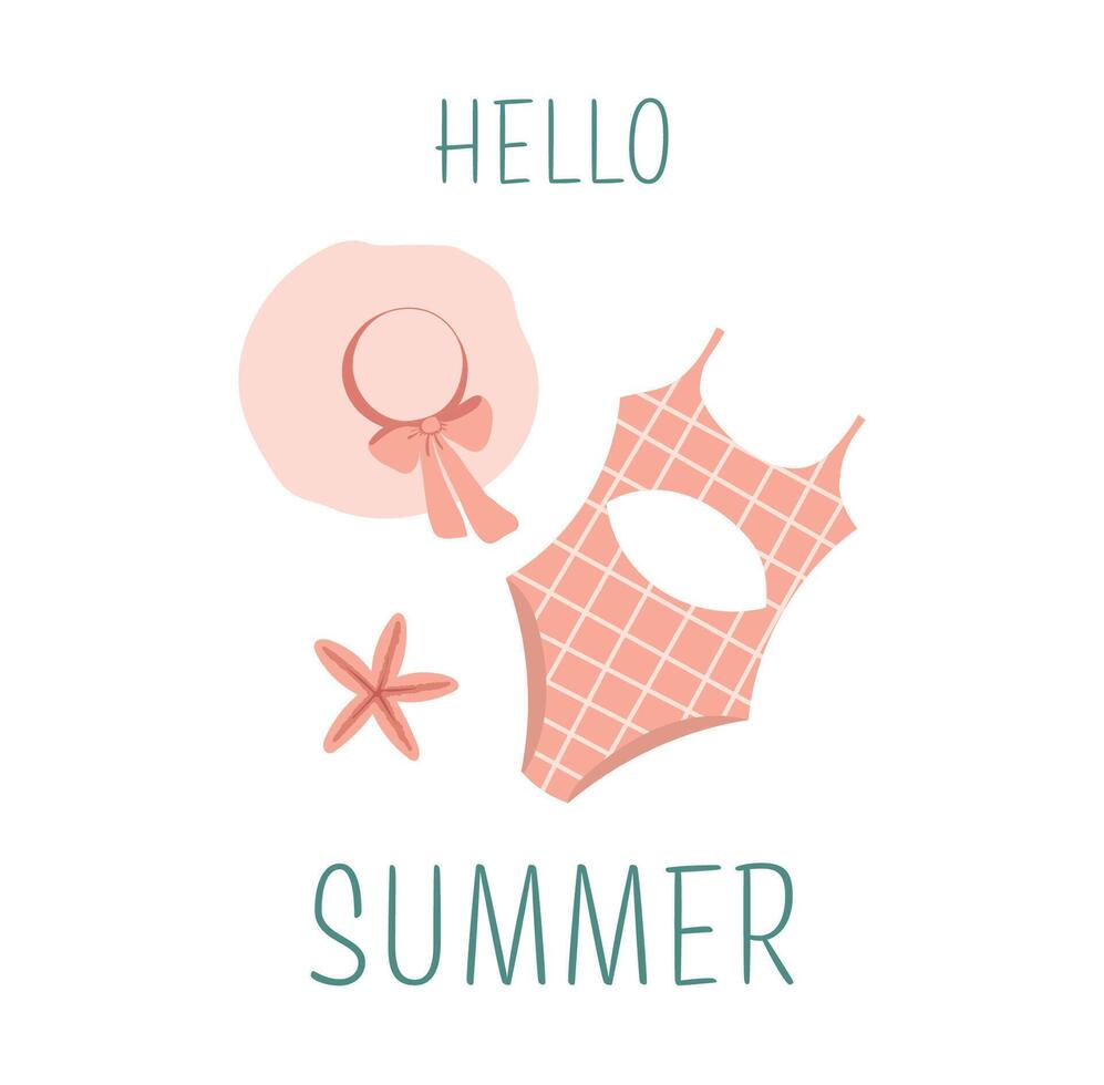 Hello summer card. Hand drawn summer beach accessories on white background. Summer design element for poster, banner, badge, label, print, card, travel ads. vector