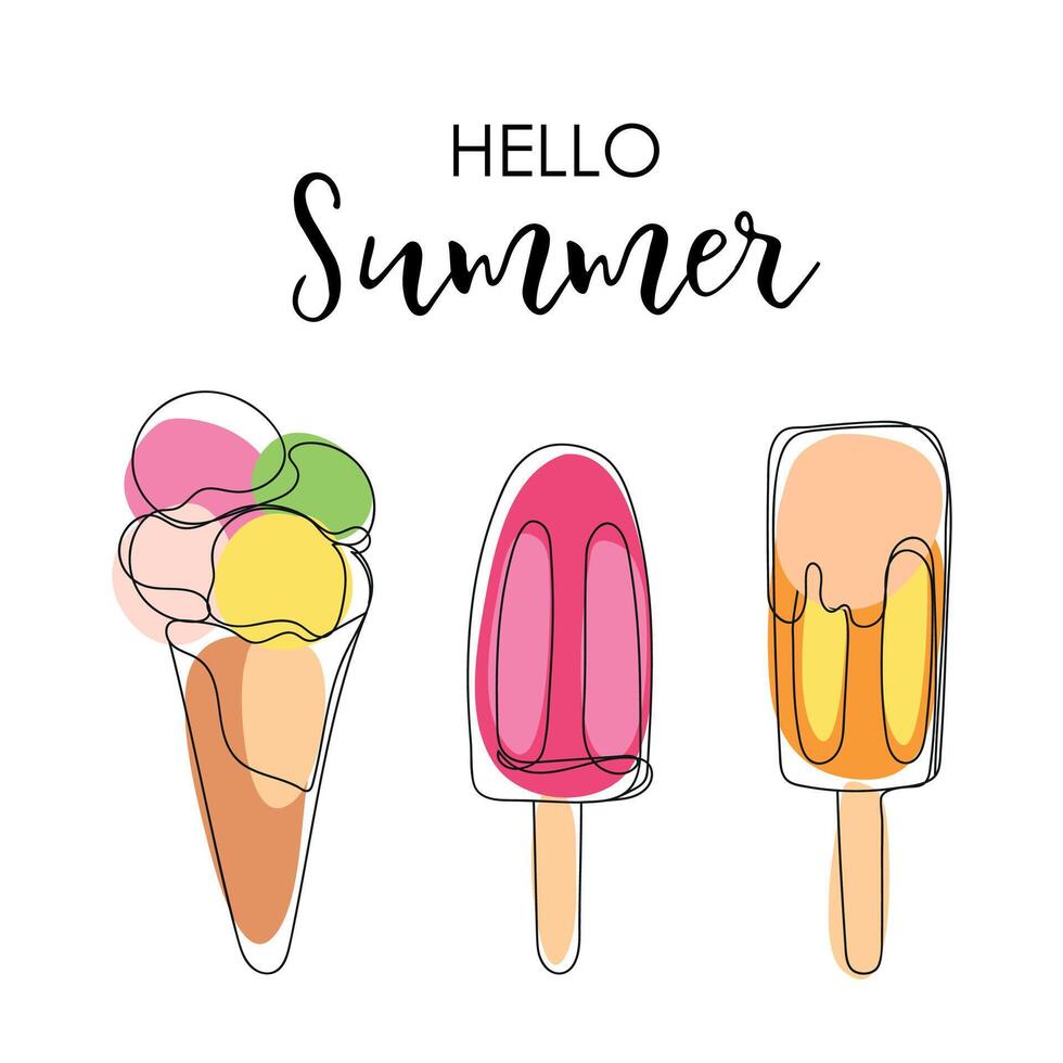 Hello summer colorful Ice cream card. Dessert gelato in simple style. Ice cream summer banner. Hand drawn minimalist style illustration vector