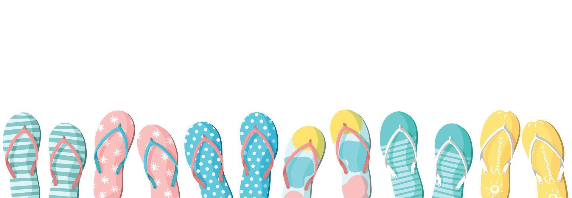 Colorful summer flip flops border. Flip flops set isolated on white background. Slippers summer background vector