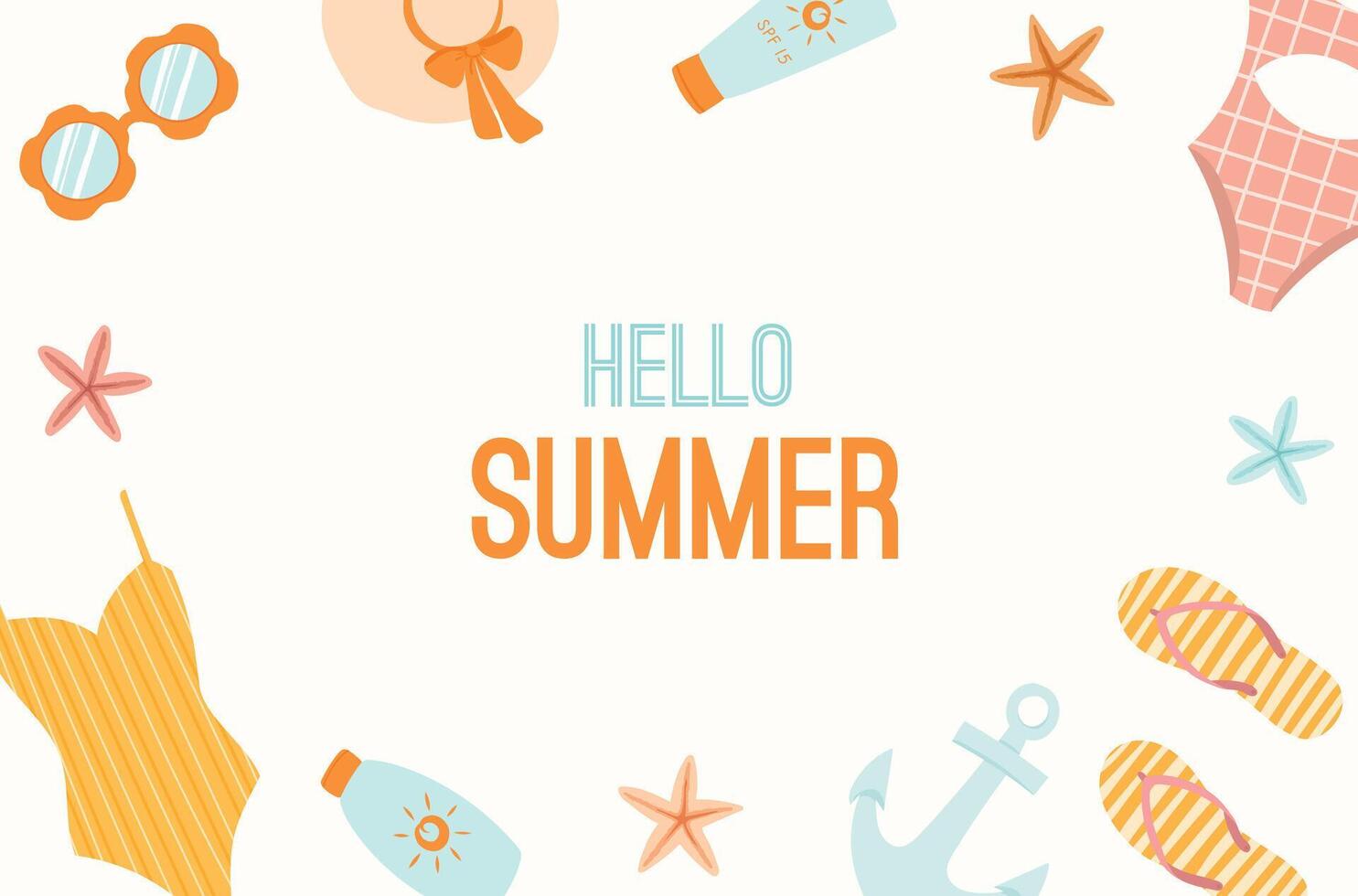 Frame of summer beach accessories with hello summer phrase or place for text. Summer invitation, background, banner, card, promotion, sale. Summer swimwear, glasses, sunscreen, flip flops, hat vector