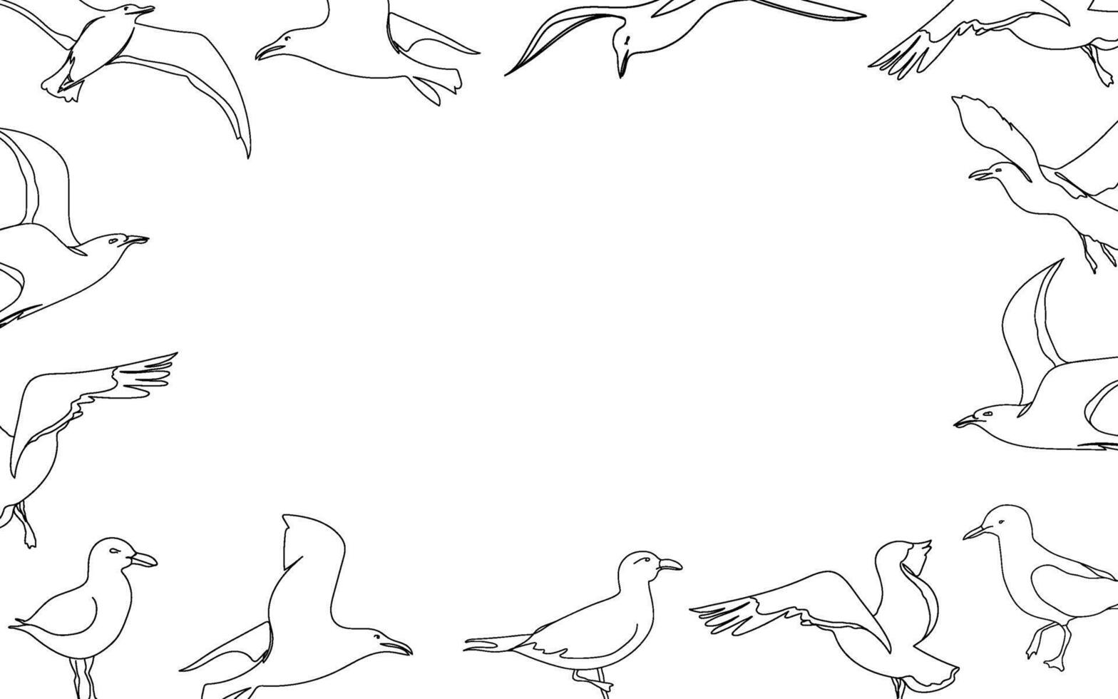 One line seagull hand drawn banner. Outline seagull flying. Hand drawn minimalist style illustration. Beautiful sea life design with place for text for invitation, sale, card, poster and etc. vector