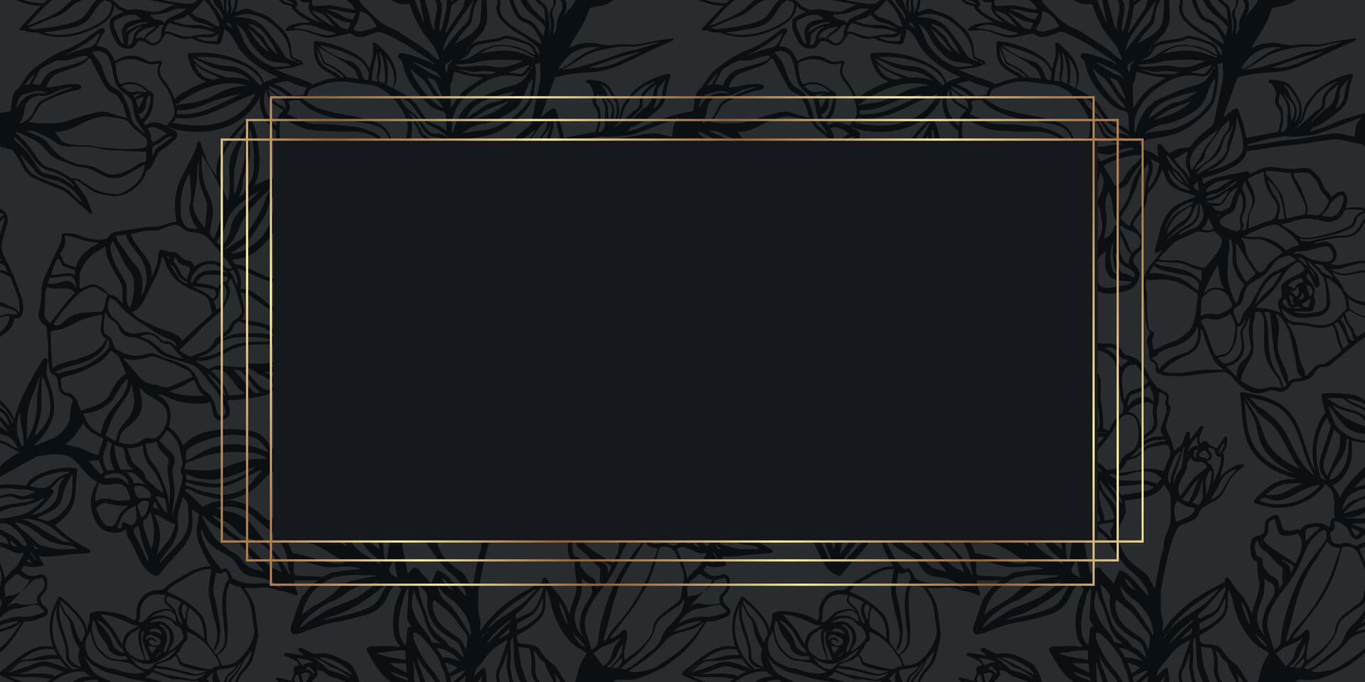 Horizontal Template for banner invitation, card, poster with black rose flowers and gold frame. Black rose background. Luxury Pattern black rose on grey background. vector