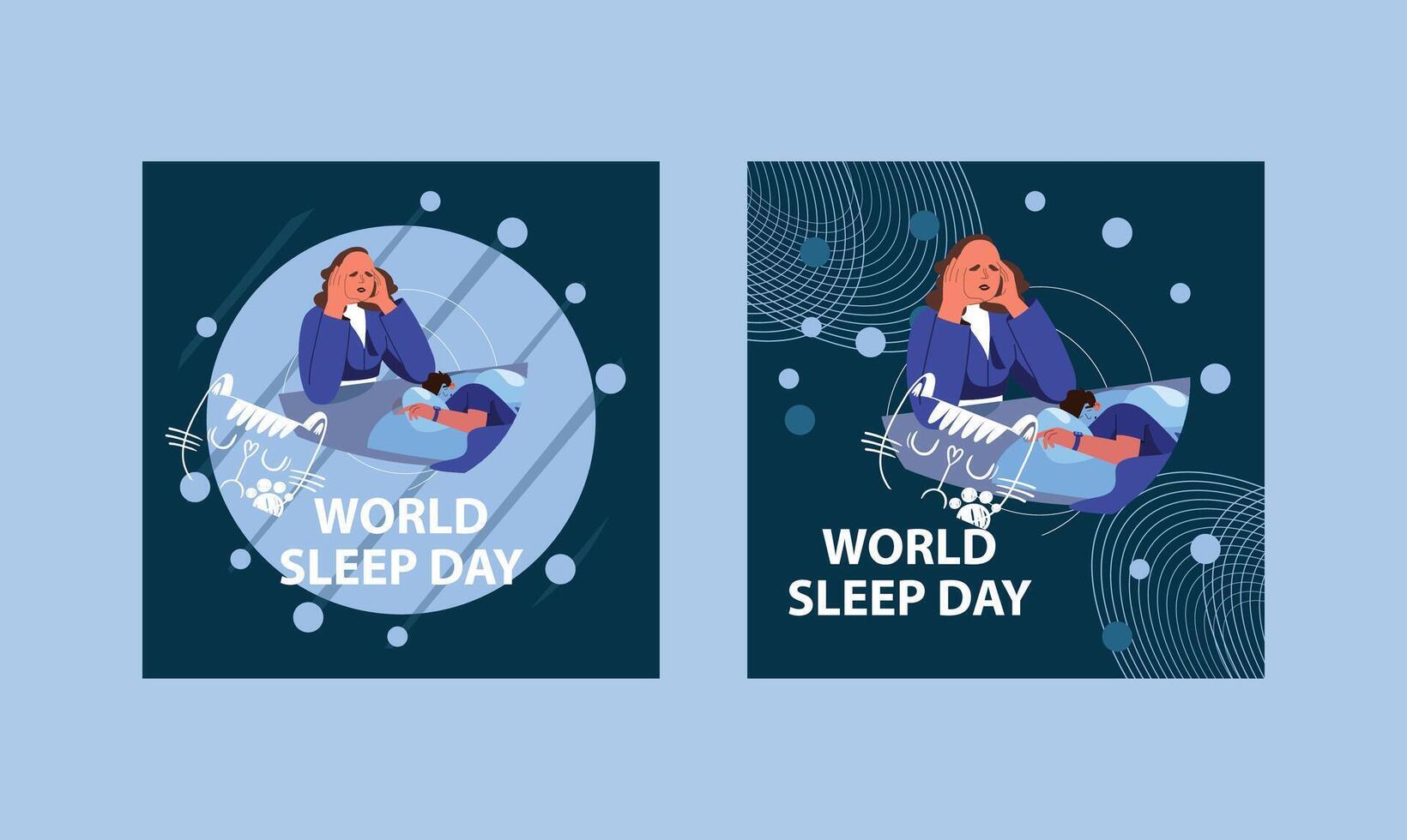 A set of illustrations with a sleeping woman in different poses and her pet. Relaxing in the bedroom. vector