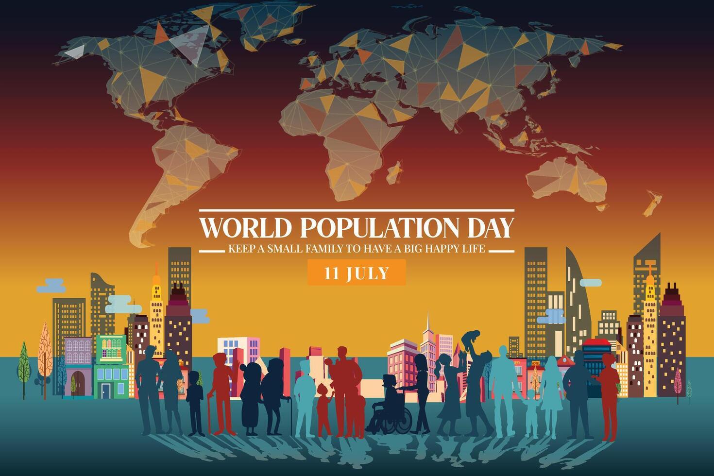 World population day. World map, sky, tall buildings and world people. for world population day posters and banners. vector