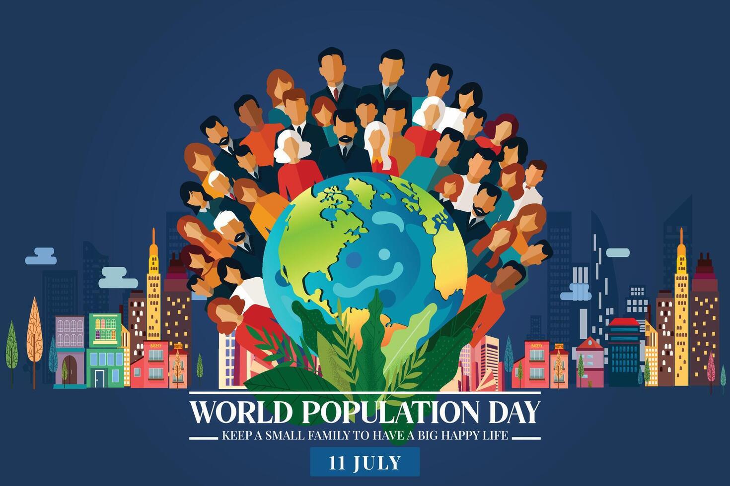 World population day. Globe, sky, tall buildings and world society. for world population day posters and banners. vector