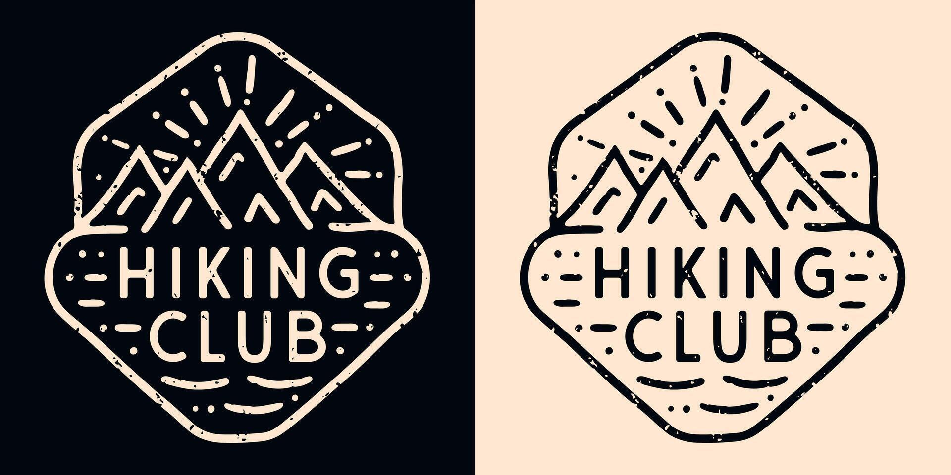 Hiking club squad crew group team gang retro vintage badge emblem logo mountains hiker outdoorsy family friends girls trip minimalist illustration text for shirt design clothing and print vector