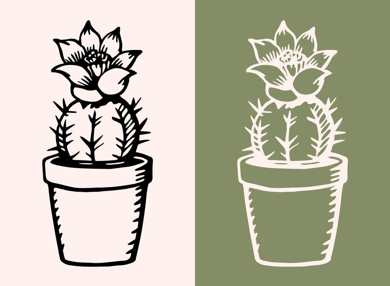 Cactus with flowers inside cute pot plant planter minimalist ink drawing black thin lines elegant delicate hand drawn illustration for blooming floral succulent cactus lover girls sticker decor gifts vector