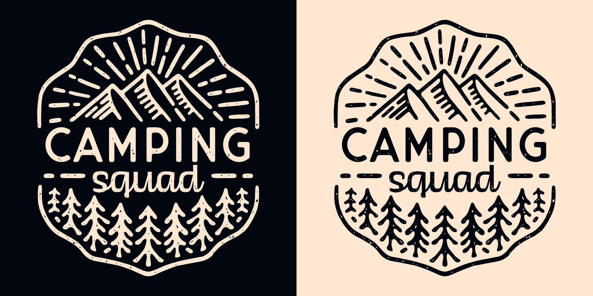 Camping squad crew group lettering camper badge emblem mountain forest lover retro vintage aesthetic illustration outdoorsy quotes for matching family friends trip logo shirt design print vector