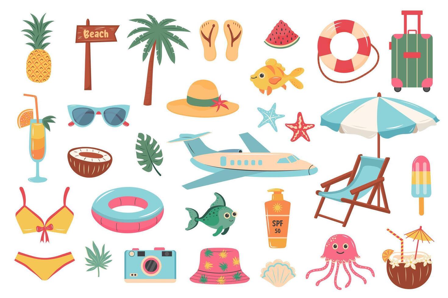 verano playa viaje colocar. linda dibujos animados pegatinas recopilación. verano día festivo, playa descansar, vacaciones concepto. vector
