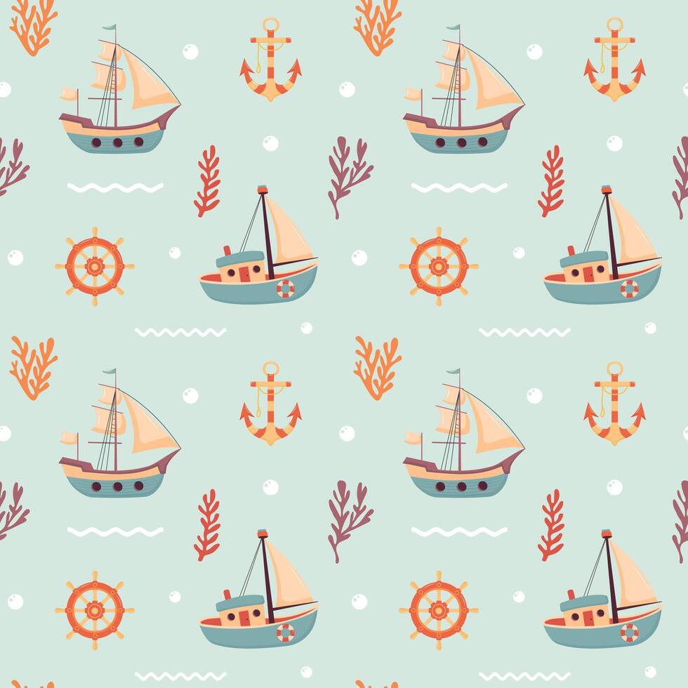 Nautical seamless pattern with cute sailing ships, anchor, ship's rudder and seaweed. Marine print for fabric and nursery. vector