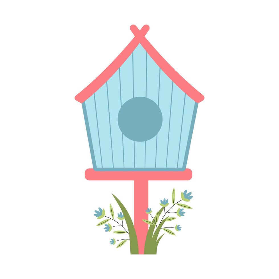 Cute birdhouse with grass and flowers. Springtime concept. vector