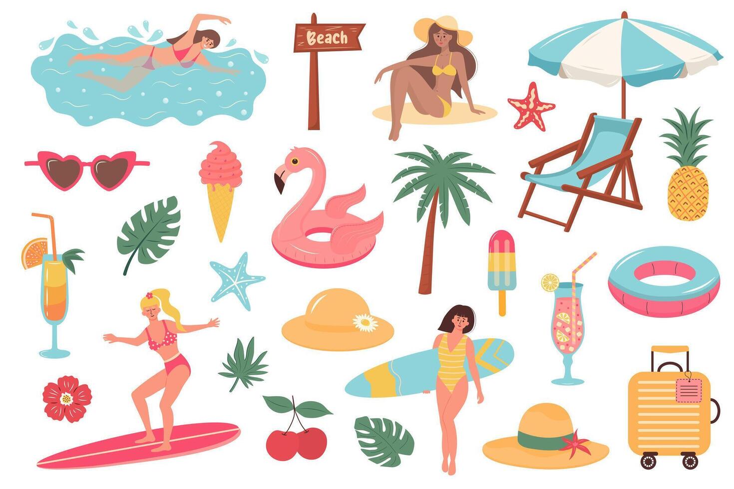 verano playa viaje colocar. linda dibujos animados pegatinas recopilación. verano día festivo, playa descansar, vacaciones concepto. vector