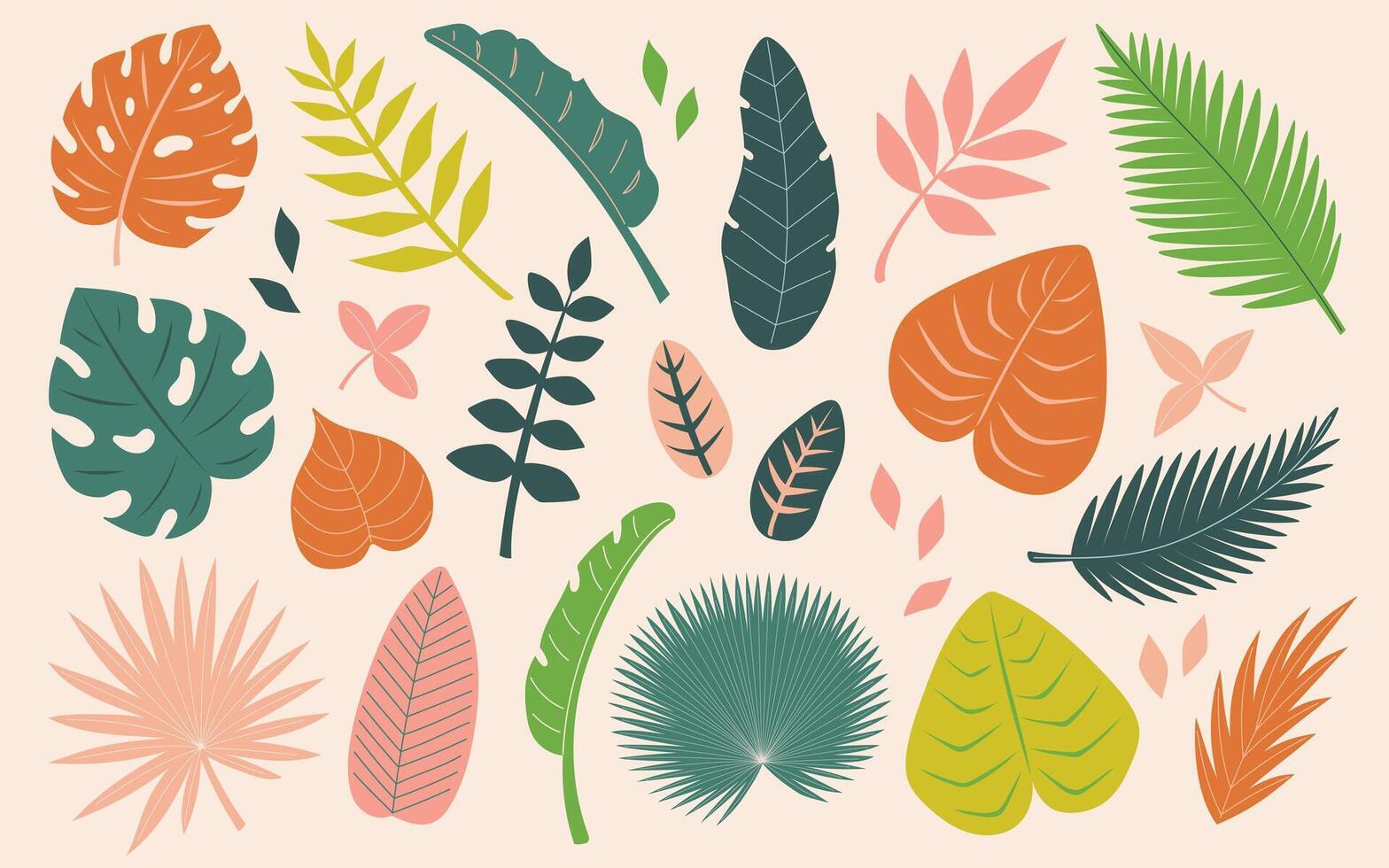 Tropical leaves set. Abstract foliage elements. Monstera, banana tree, palm leaves. Flat illustration isolated on beige background vector
