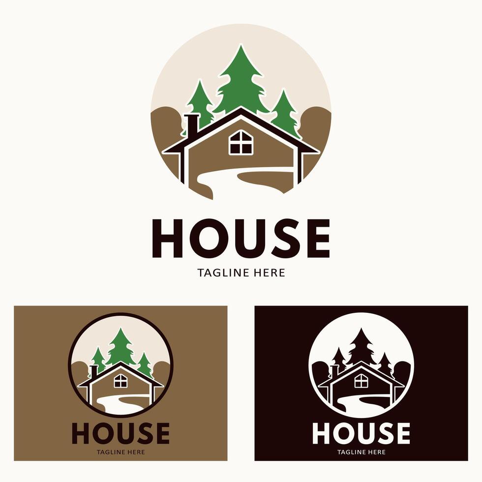 nature house logo design with symbols of a pine forest and a river vector