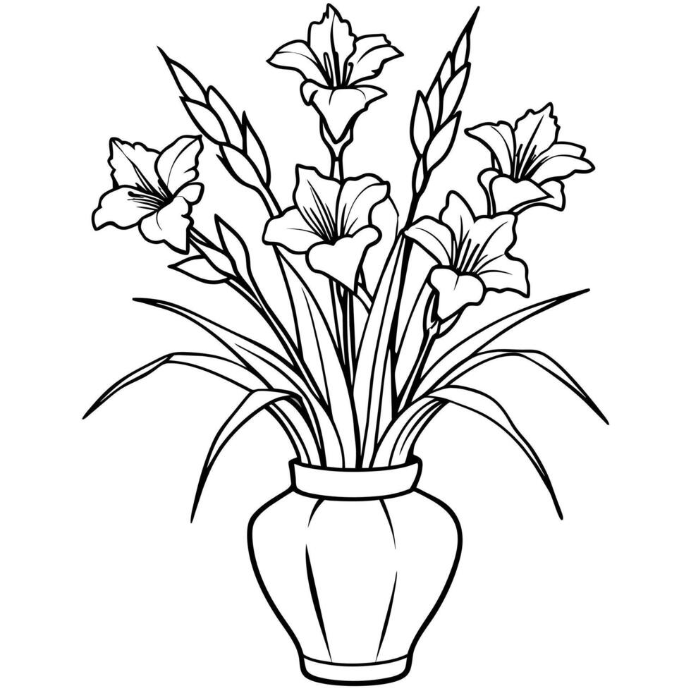 Gladiolus flower on the vase outline illustration coloring book page design, Gladiolus flower on the vase black and white line art drawing coloring book pages for children and adults vector