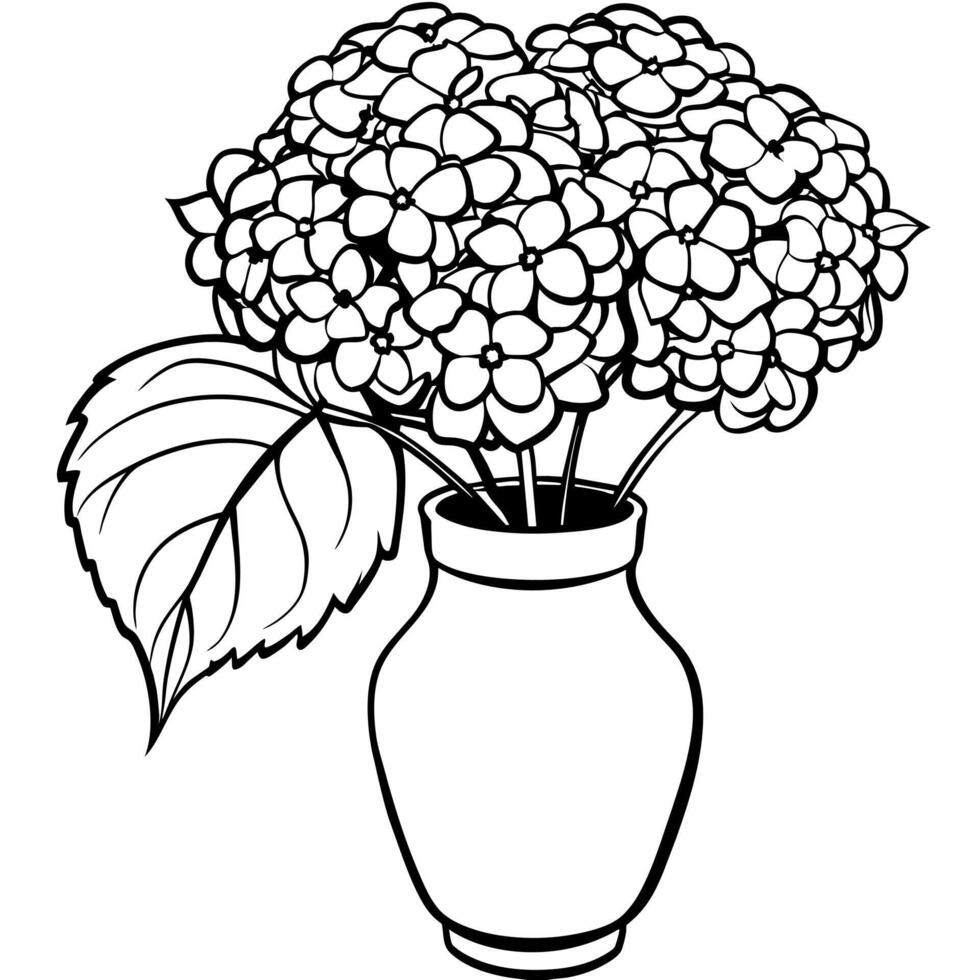 Hydrangea Flower on the vase outline illustration coloring book page design, Hydrangea Flower on the vase black and white line art drawing coloring book pages for children and adults vector