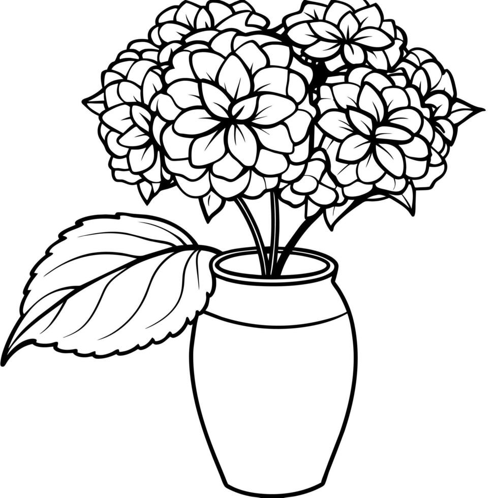 Hydrangea Flower on the vase outline illustration coloring book page design, Hydrangea Flower on the vase black and white line art drawing coloring book pages for children and adults vector
