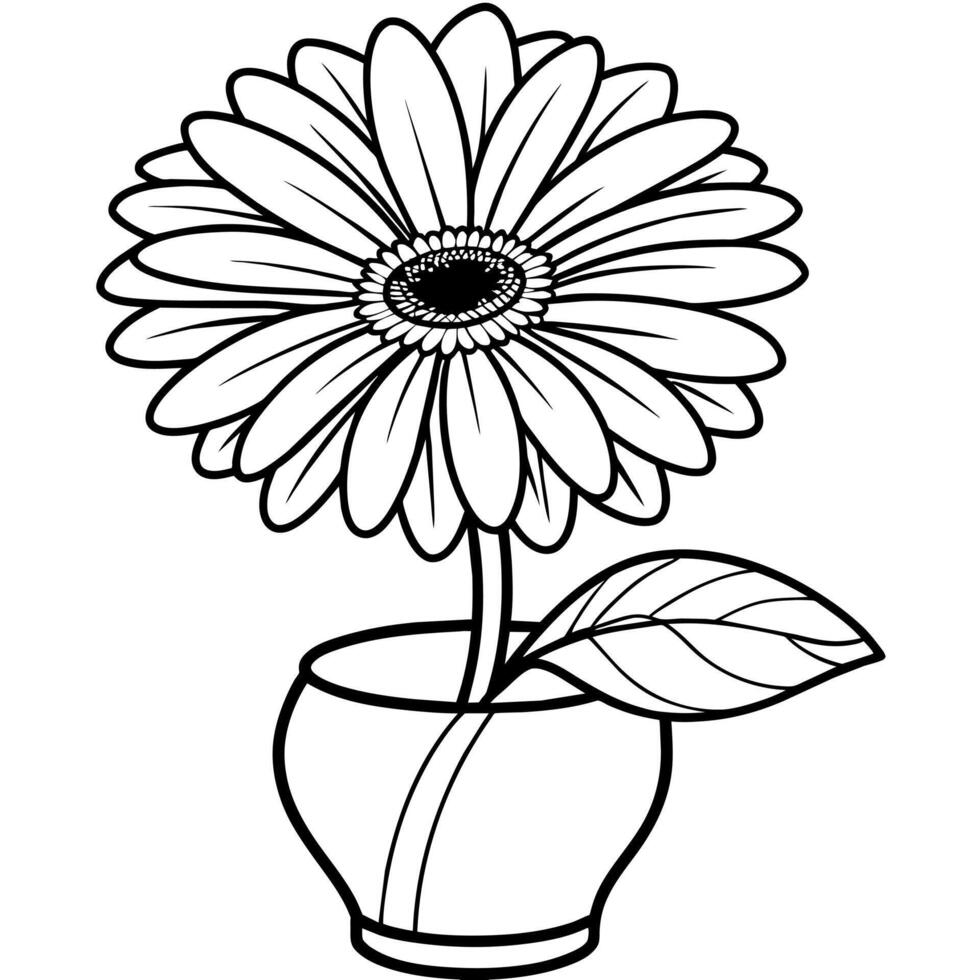 Gerbera flower on the vase outline illustration coloring book page design, Gerbera flower on the vase black and white line art drawing coloring book pages for children and adults vector