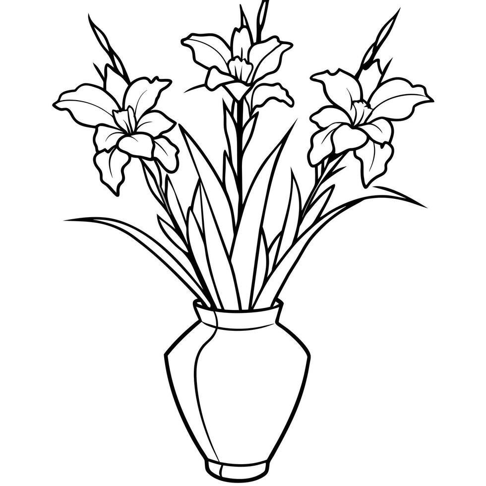 Gladiolus flower on the vase outline illustration coloring book page design, Gladiolus flower on the vase black and white line art drawing coloring book pages for children and adults vector