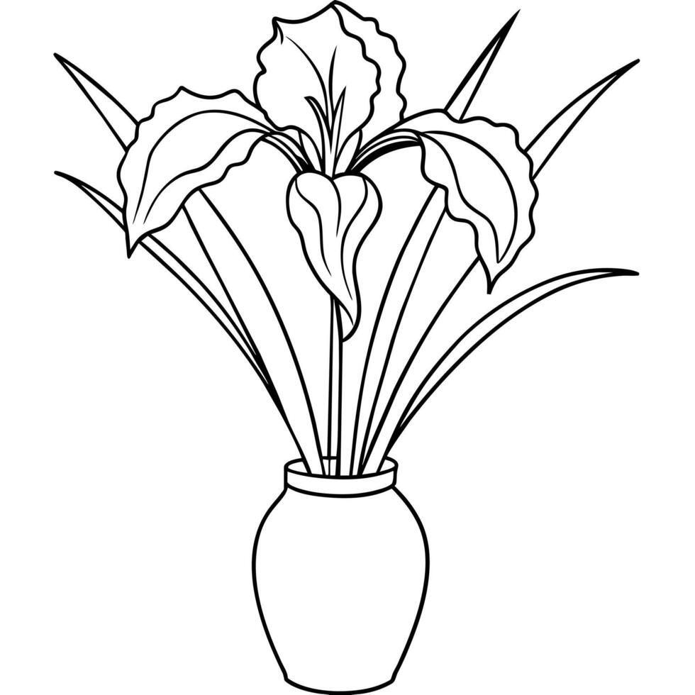 Iris flower on the vase outline illustration coloring book page design, Iris flower on the vase black and white line art drawing coloring book pages for children and adults vector