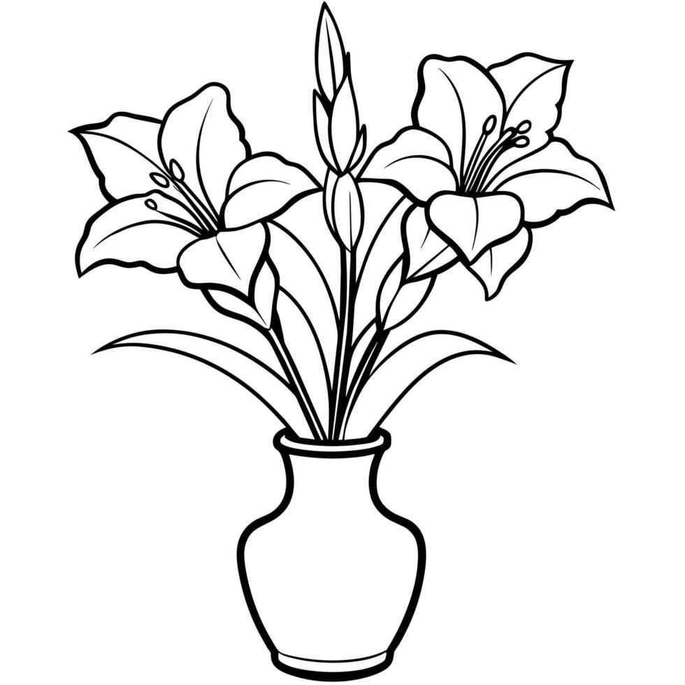 Gladiolus flower on the vase outline illustration coloring book page design, Gladiolus flower on the vase black and white line art drawing coloring book pages for children and adults vector