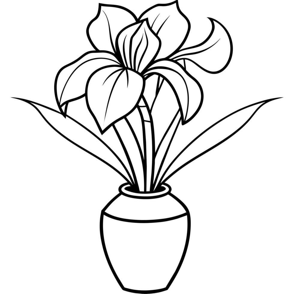 Iris flower on the vase outline illustration coloring book page design, Iris flower on the vase black and white line art drawing coloring book pages for children and adults vector