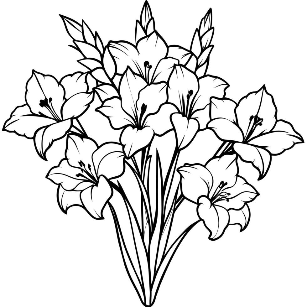 Gladiolus Flower Bouquet outline illustration coloring book page design, Gladiolus Flower Bouquet black and white line art drawing coloring book pages for children and adults vector