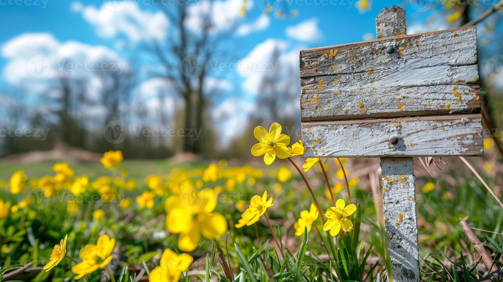 Empty sign with the word Spring written on it is placed in a field of flowers photo