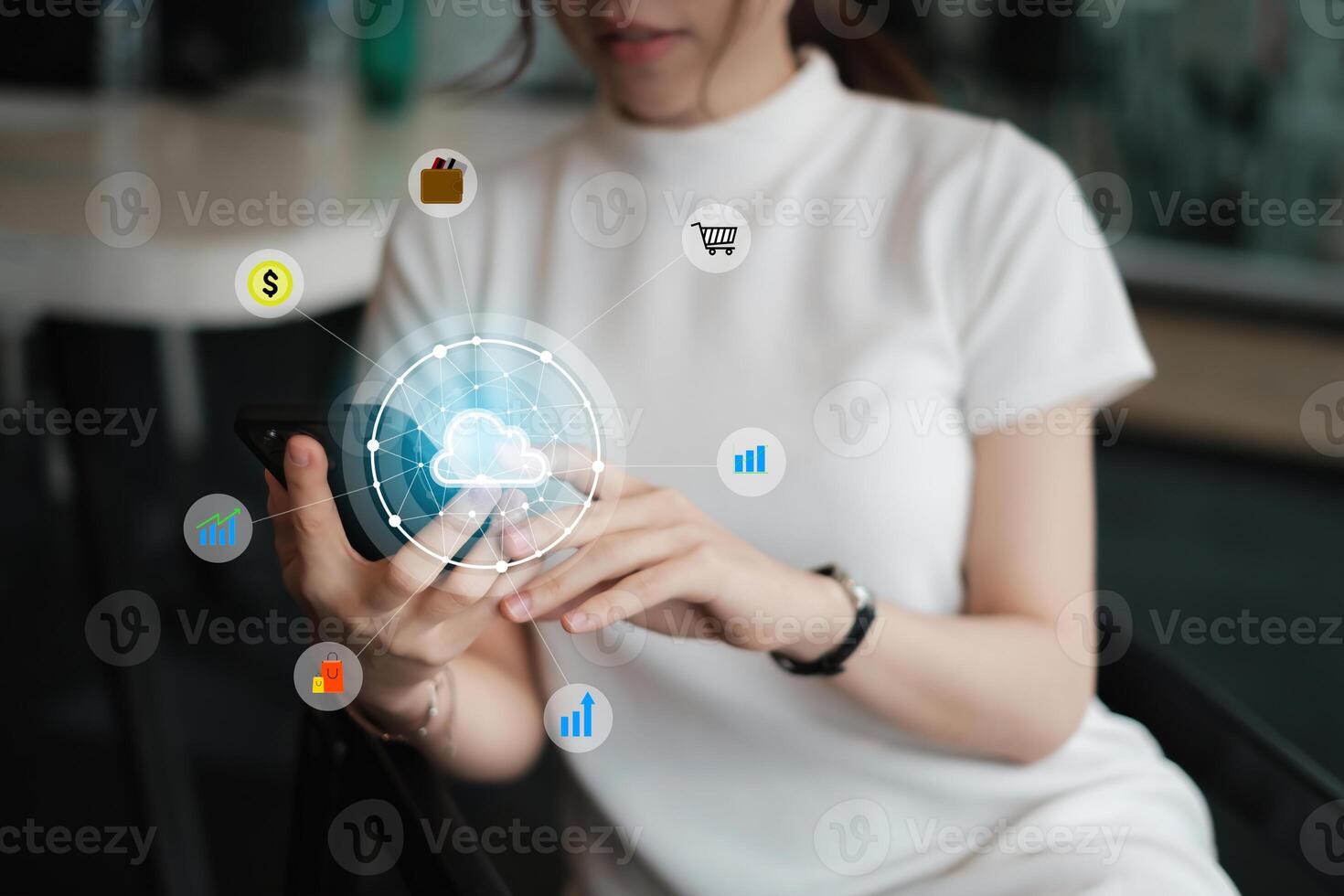 Female using smartphone with icon graphic cloud cyber security network of connected devices and personal data security. photo