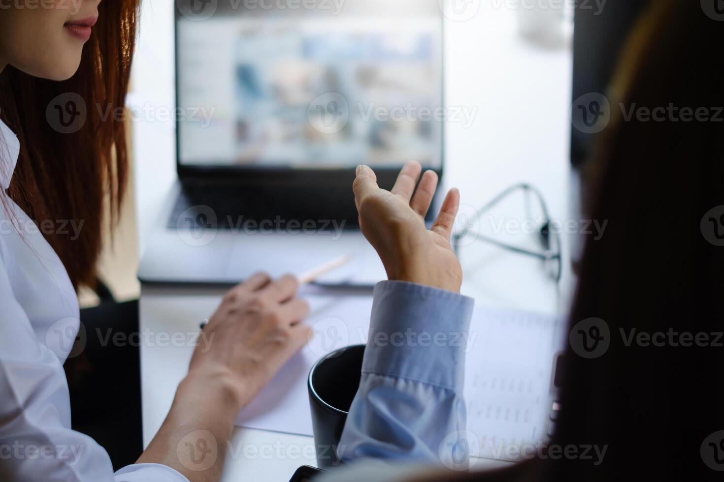 A two girl practice basic course exercises by on laptop before online class. Social distancing.stay home. New normal. Covid-19 coronavirus concept. photo