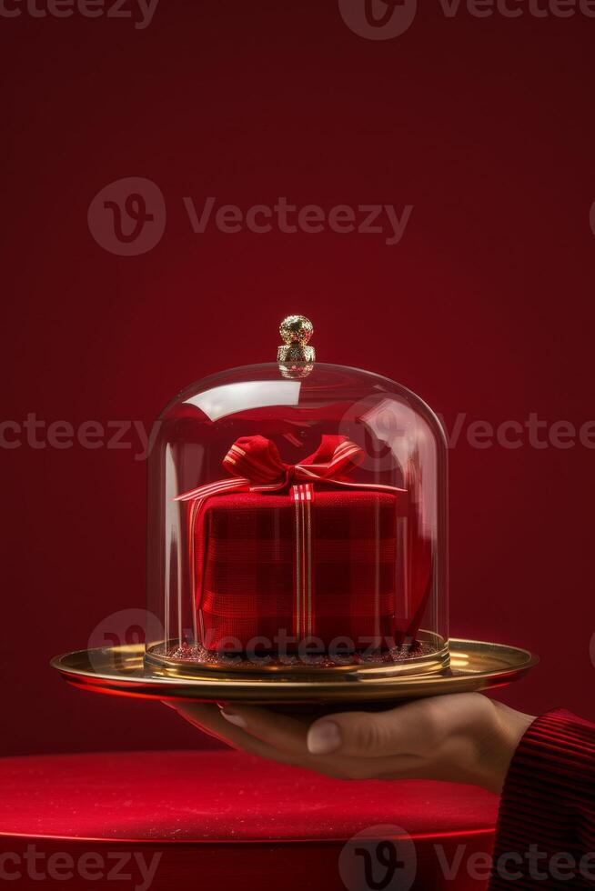 A person is holding a red box with a bow on top of a gold tray photo