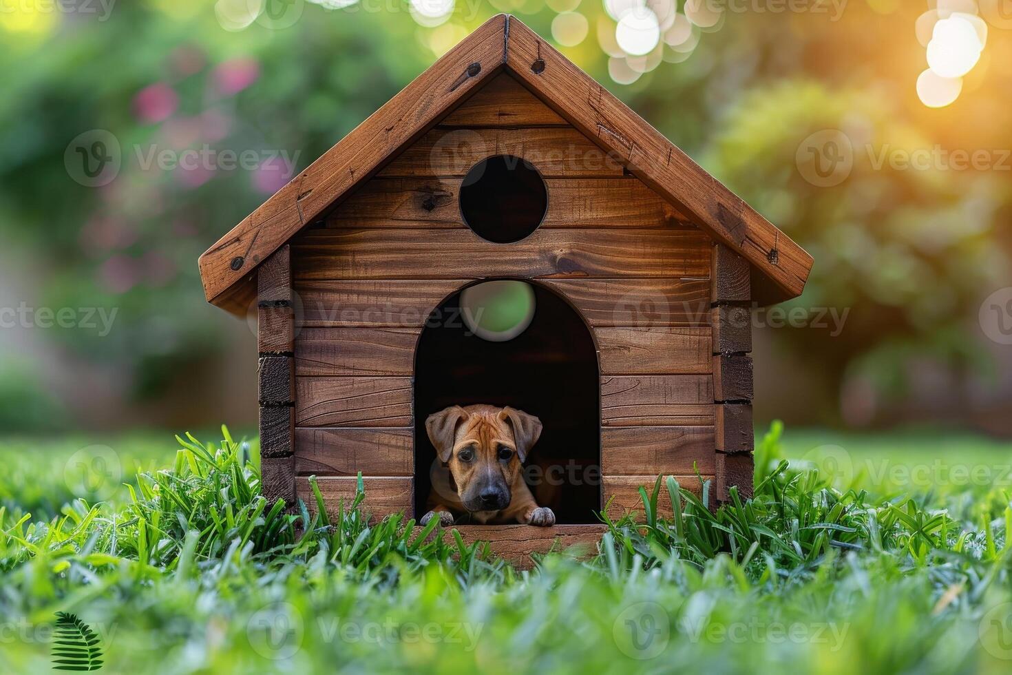 un perro es sentado en un de madera perro casa foto