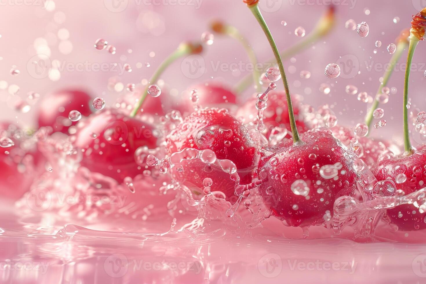 un rojo Cereza es rodeado por agua gotas, creando un hermosa foto