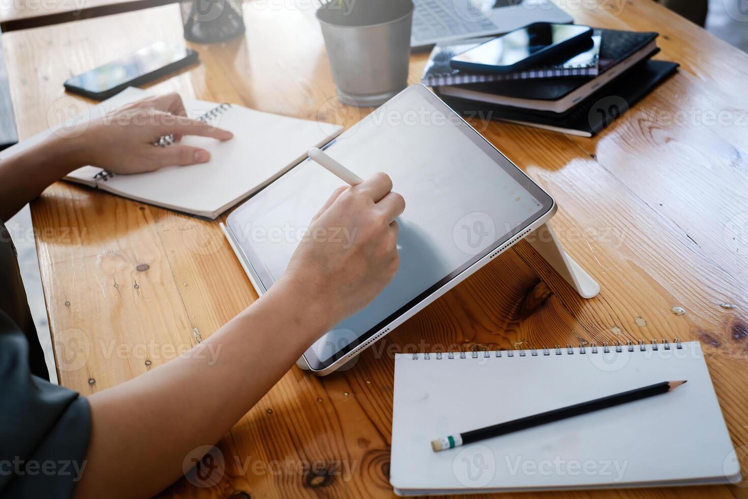 User experience concept. Creative Web Designer sketching application and developing template layout on laptop, framework for digital devices. photo