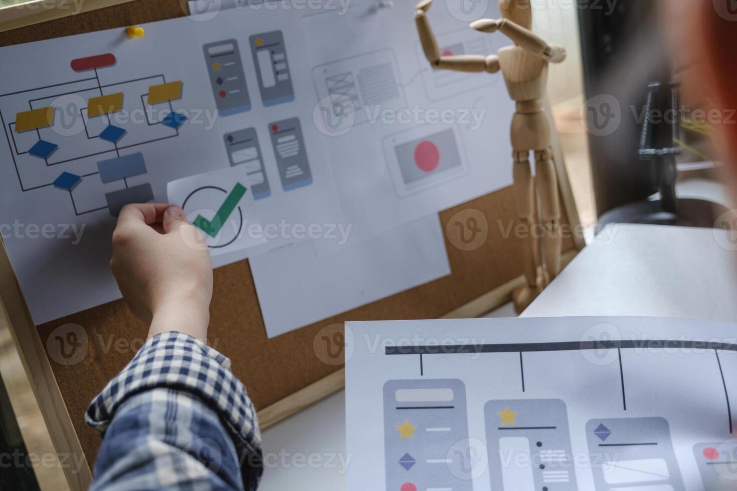 Rear view of developer ux and ui designer about mobile phone app and making flow chart at the board. Creative digital development agency concept. photo
