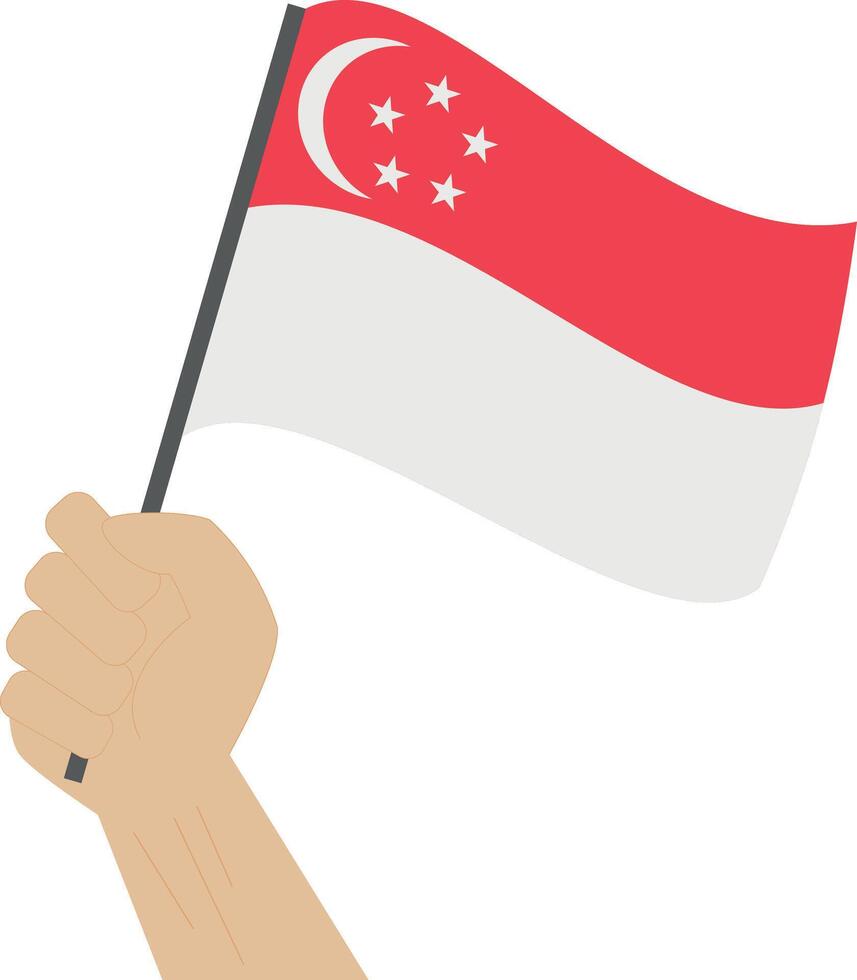 Hand holding and raising the national flag of Singapore vector