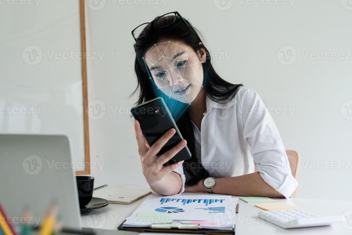 Business woman making KYC with online banking application for get digital saving account. Cyber security concept. photo