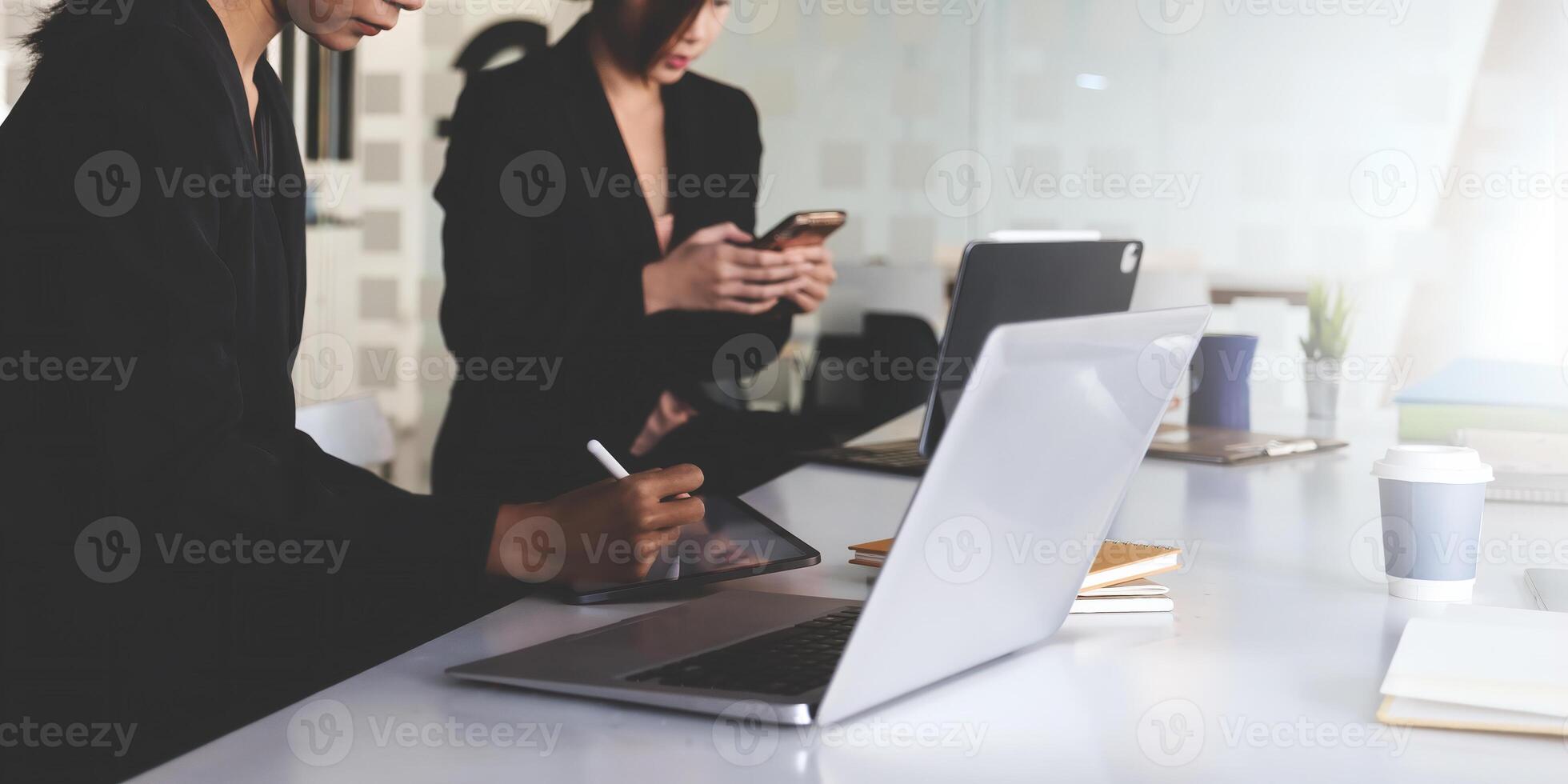 Group of Businessman and Accountant checking data document on digital tablet for investigation of corruption account . Anti Bribery concept photo