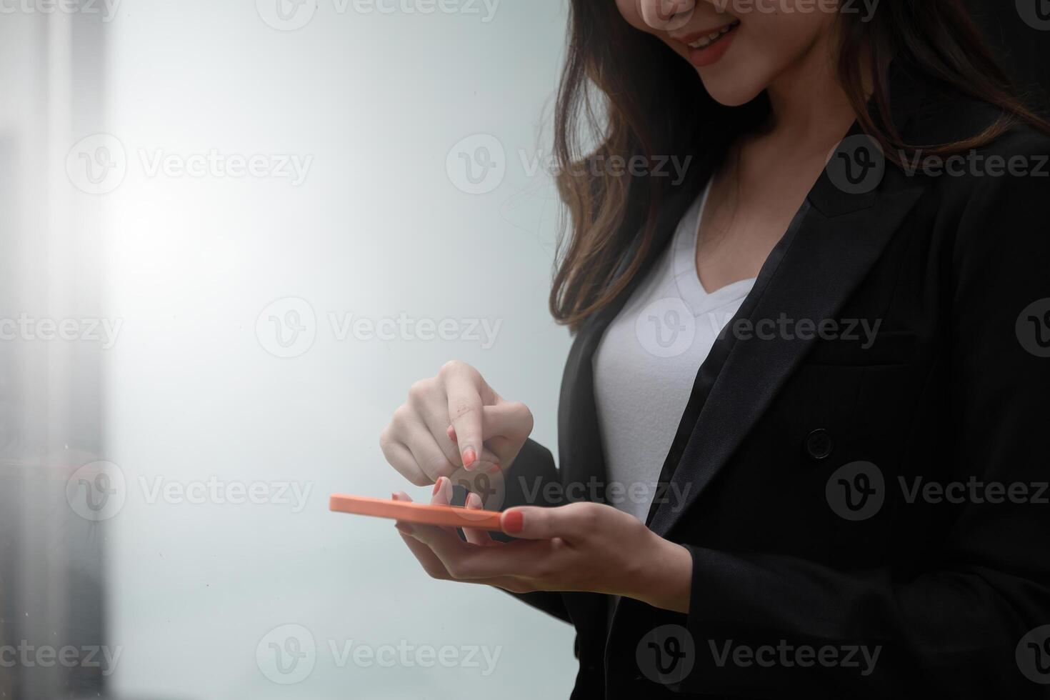 A businesswoman completes KYC using an online banking program in order to open a digital savings account. The definition of cyber security. photo