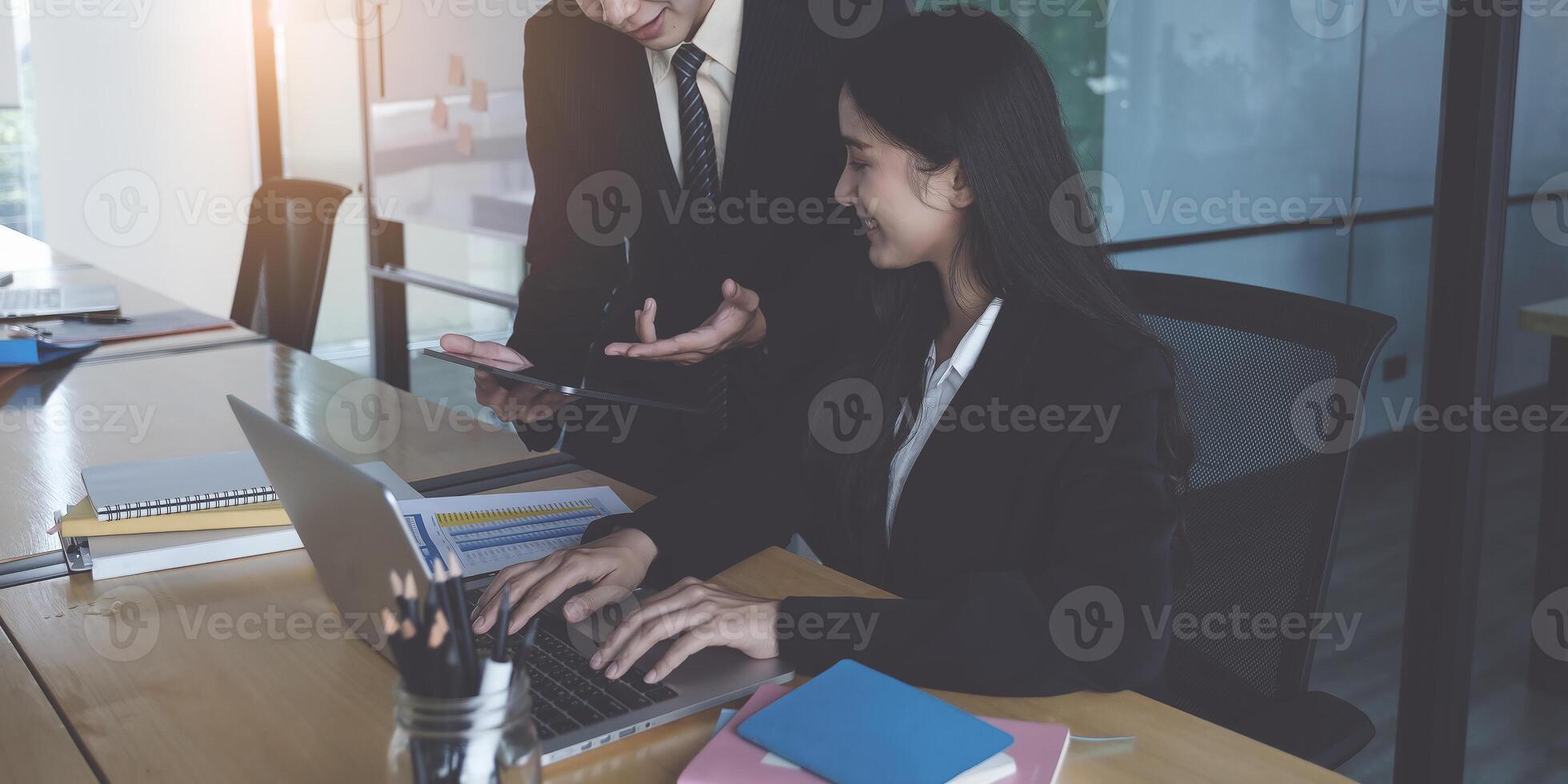 Group of Businessman and Accountant checking data document on digital tablet for investigation of corruption account. Anti Bribery concept. photo