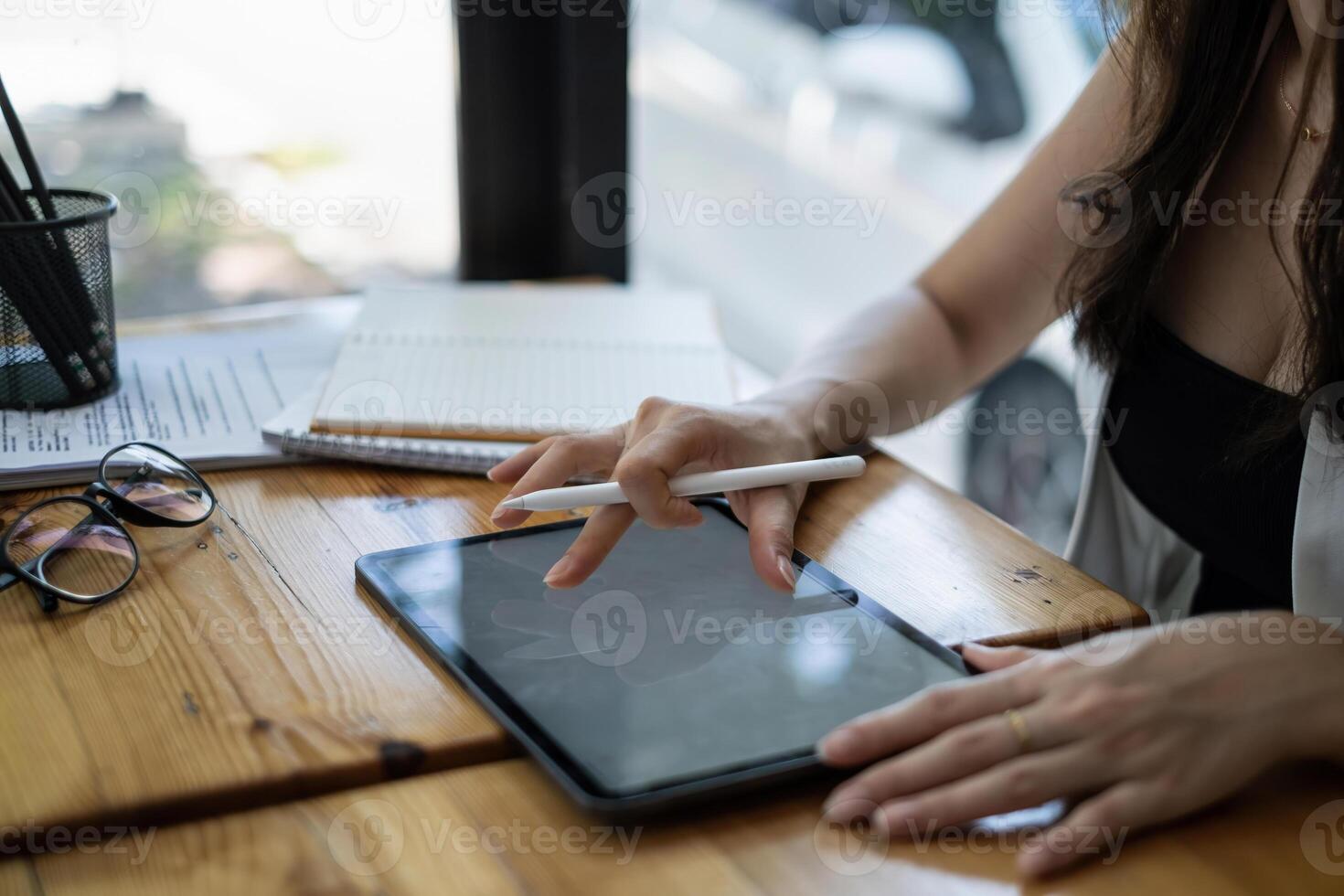 User experience concept. Creative Web Designer sketching application and developing template layout on laptop, framework for digital devices. photo