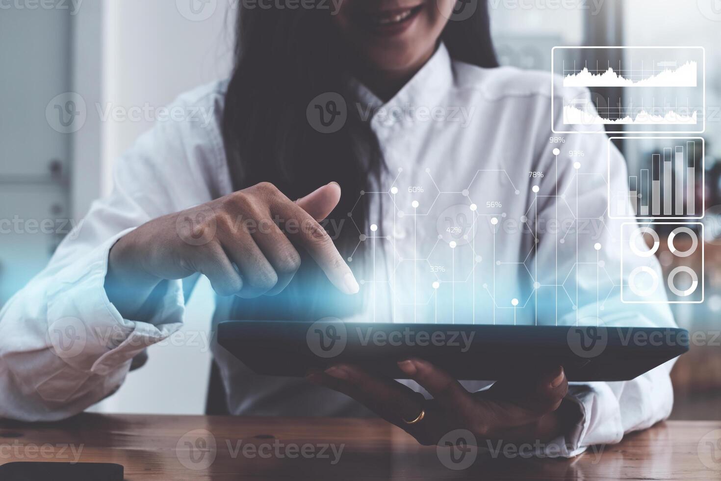 Fund Investor analyzing stock market report making audit financial dashboard with business intelligence BI. Fintech concept. photo