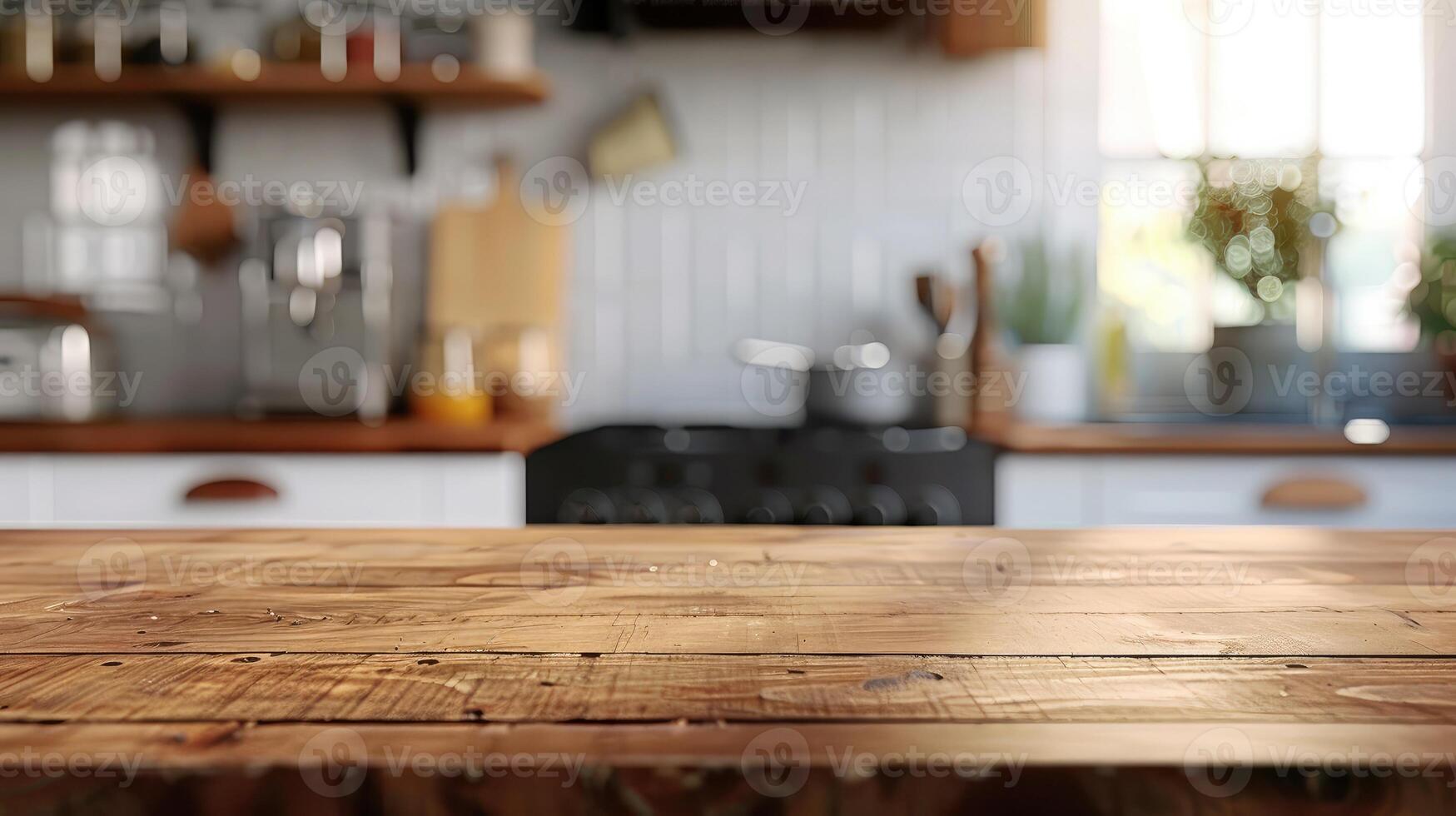 Wooden tabletop against blurred kitchen background for product mockups and display montages. photo