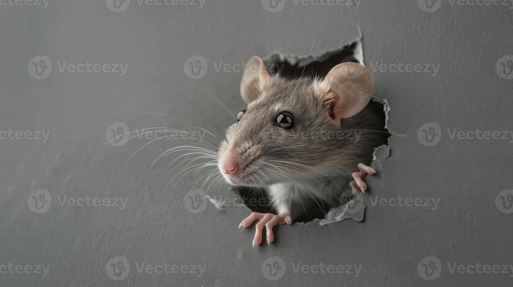 Rat in the hole of gray paper, little rodent crawls out through the craft background, funny animal. photo