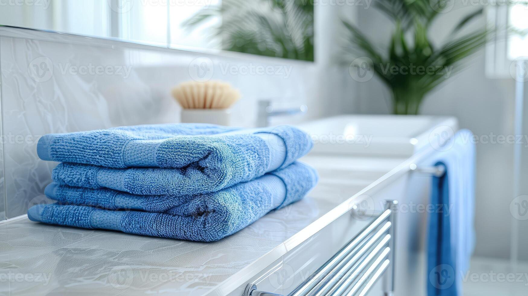 Close-up of Heated Rail with blue Towels in Bathroom with copy space. Modern heated towel rail on wall in a serene bathroom setting. photo