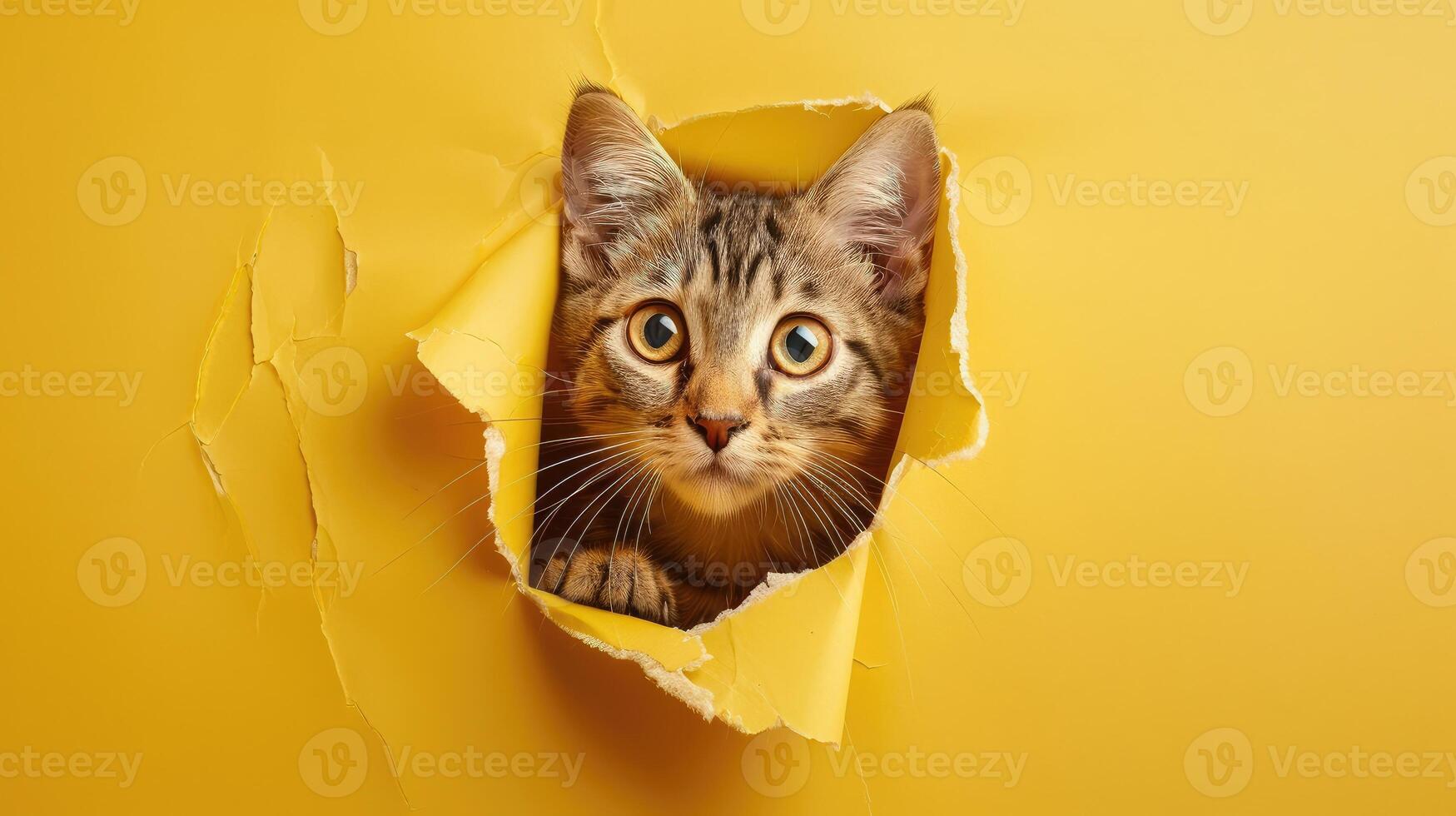 Cat in hole of paper, little tabby cat getting out through the craft background, funny pet. photo