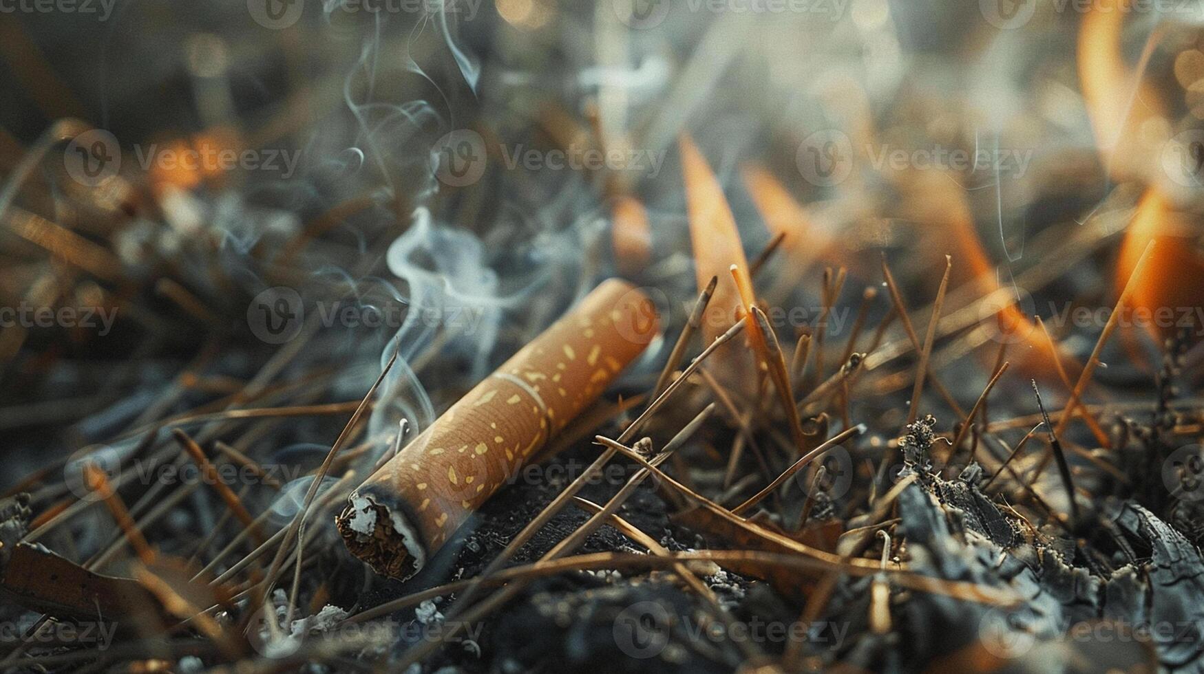 Close up cigarette butt non-smoked carelessly are thrown into dry grass on the ground causing a dangerous forest fire photo