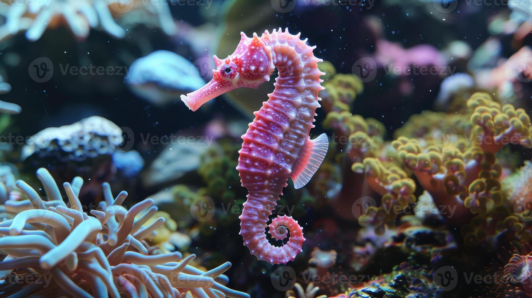 small pink seahorse in on a background of corals and algae photo